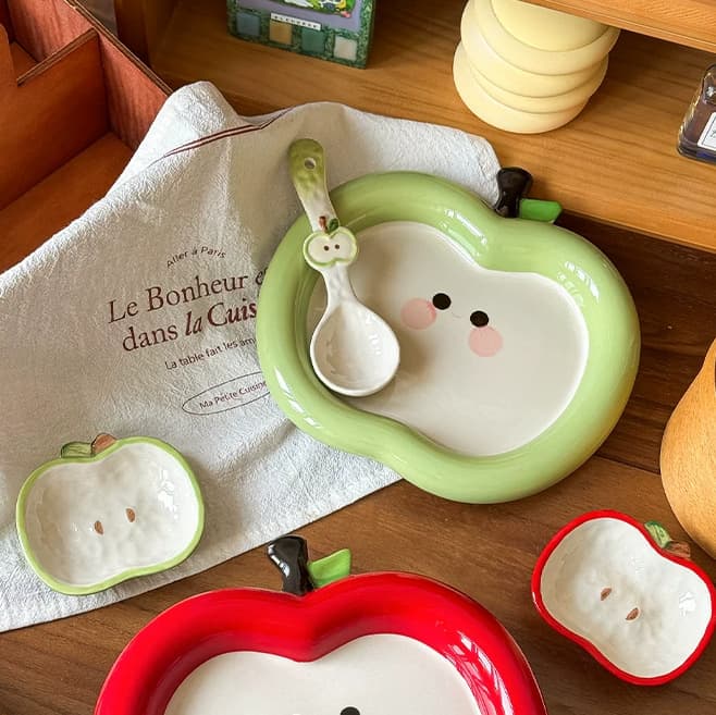 Creative Apple Bowl and Plate Tableware Set High-Appeal Home Bowls and Plates Underglaze Color Cute Ceramic Rice Bowl Breakfast Plate