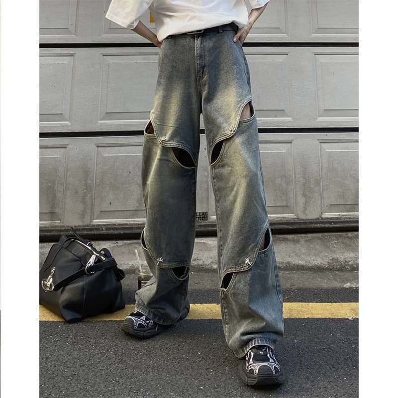 Metal Hollow Out Ripped Jeans Men's Loose Wide Leg Long Pants High Street Hip Hop Design Korean Style Fashionable Casual Trousers