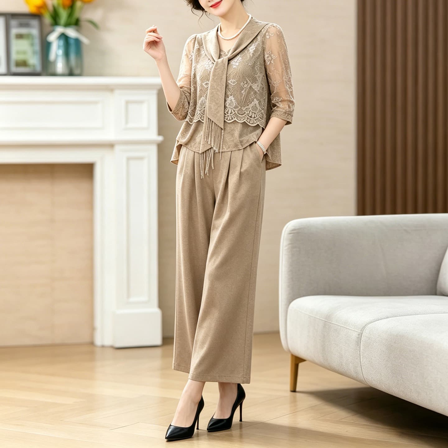 2026 New Mother's Summer Fashionable Two-Piece Set Wide-Leg Pants Suit Trendy Slimming Middle-Aged Women's Outfit