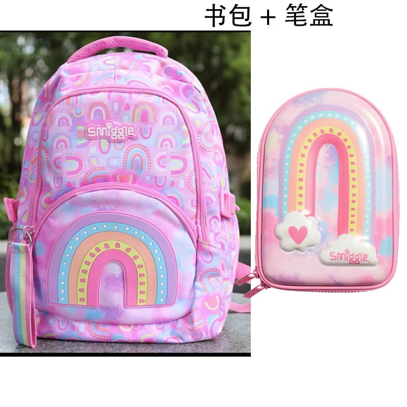Australia Smiggle Backpack Kids Large Capacity Pencil Case Pink Rainbow Backpack Primary School Student Outdoor Double Shoulder Backpack