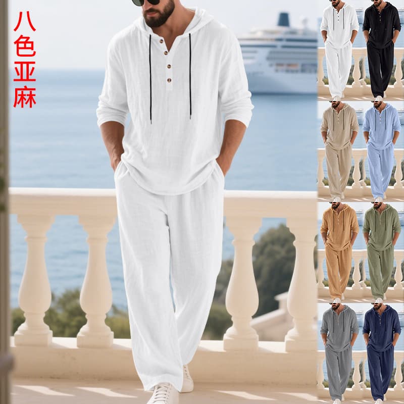 Cross-border European and American autumn linen men's casual suit Amazon loose hooded henley shirt long-sleeved trousers suit