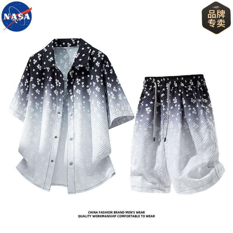 NASA Brand High-Quality Snowflake Print Short Sleeve Shirt and Shorts Set for Men, Summer Ice-Feel Breathable Fashion Full Set