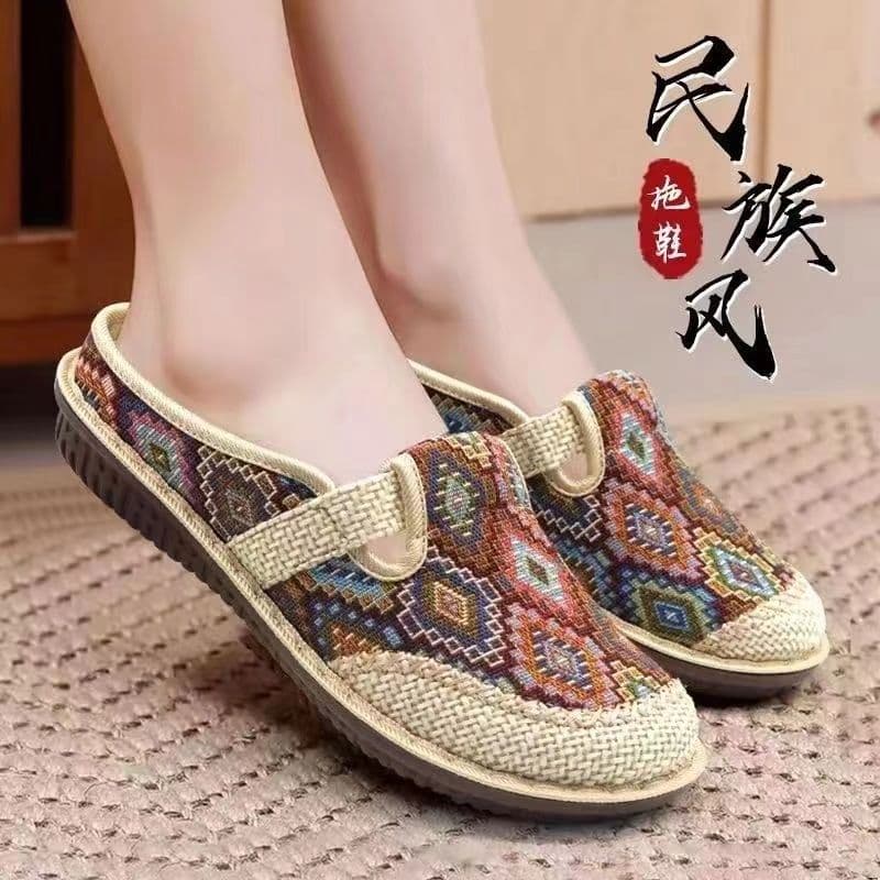 2026 Summer Ethnic Style Old Beijing Cloth Shoes, Breathable Women's Slippers, Linen National Style Half-Slip Hanfu Shoes