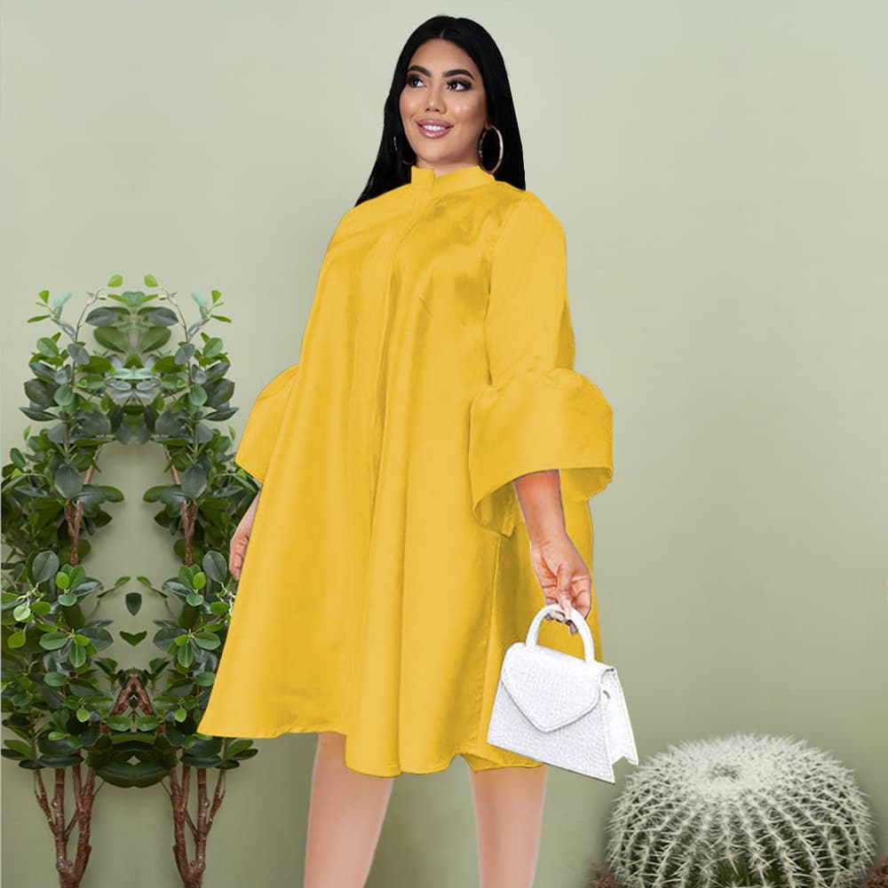 Round Neck Flutter Sleeve Single-Breasted Loose Fit S-XXXL Plus Size Women's Party Dress