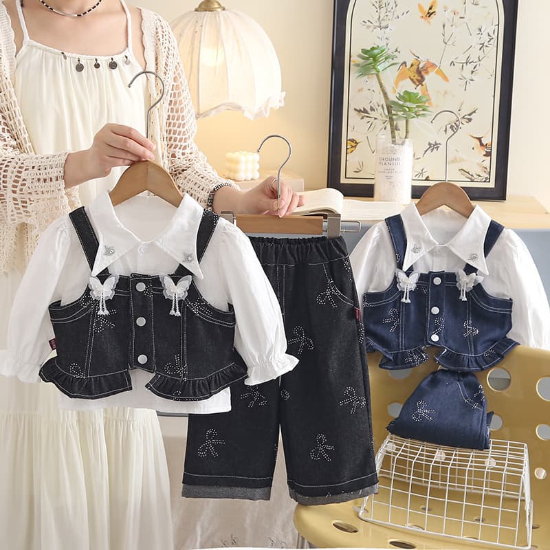 Girls Autumn Denim Vest Set Little Girl Spring Lapel Shirt Full Print Rhinestone Bow 2-Piece Set