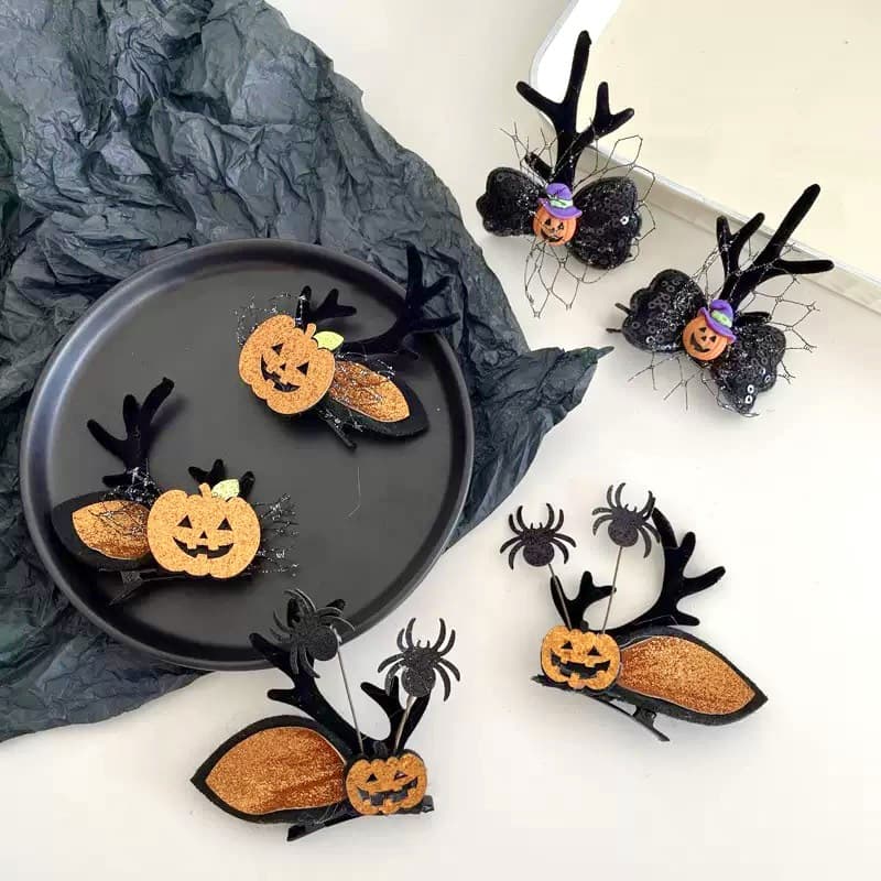 Halloween hair accessory pumpkin clip for women, bat spider skull headpiece, witch hairpin for company or school events.