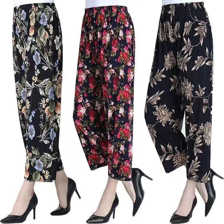 Summer ice silk pants, anti-mosquito, fashionable women's pants, nine-point pants, wide-leg pants, casual wear, high-waisted floral pants, one-piece drop shipping