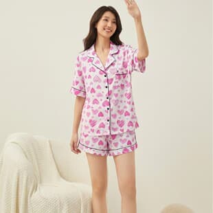 2026 European and American New Pink Full Print Heart Sleepwear Women Pajama Short Sleeve Short Pants Set Loungewear