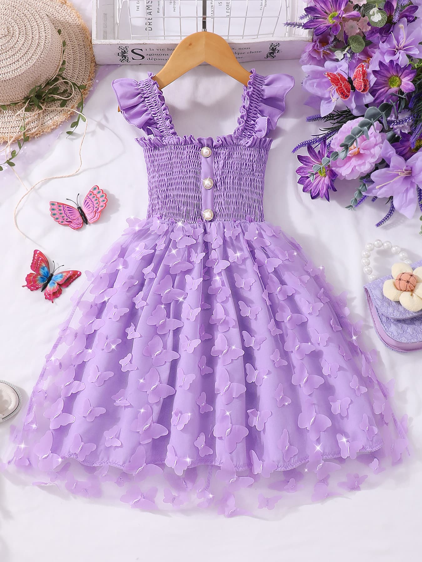 Girls' Dress for Toddlers & Young Children, Fitted Bust with 3D Butterfly Flutter Sleeves