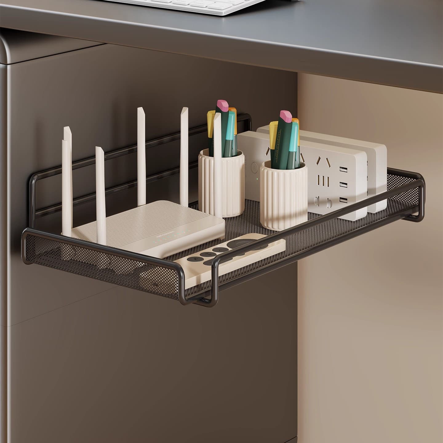 Multi-functional under-desk cable holder with no-drill mounting, for organizing and placing power cords, network cables, and power strips.