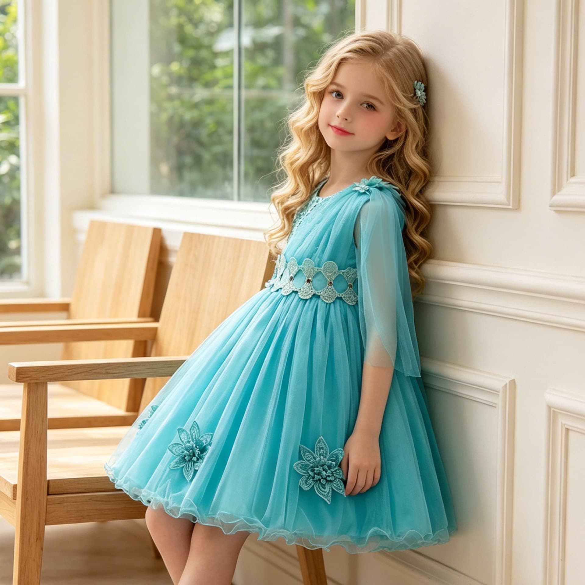 Red Princess Style Children's Dress Summer Butterfly Knot Net Skirt Midi Dress for Girls Ages 3-8 Cotton Blend Polyester Fabric