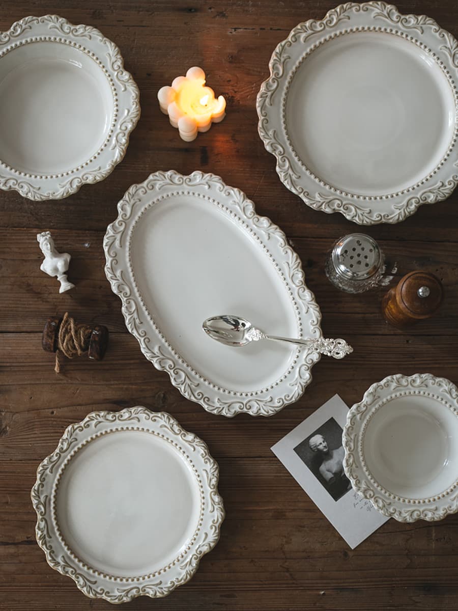 French Vintage Ceramic Dinnerware European Palace Style Steak Plate Pasta Dish Flat Long Plate Salad Fruit Plate