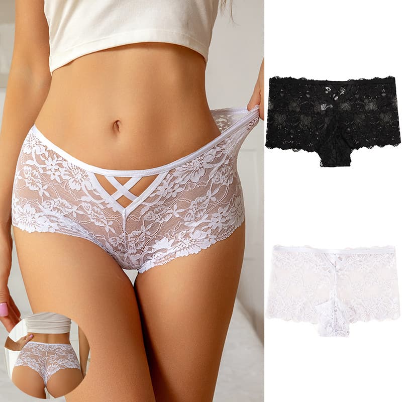 European and American Sexy Hollow Mesh Lace Large Size Women's Boxer Briefs Tempting Butt Lift Breathable Pure Desire Underwear for Women