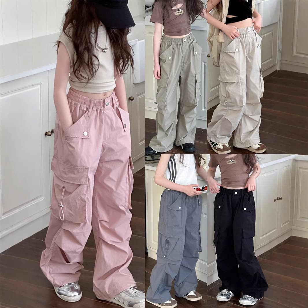 Girls' Fashionable Cargo Pants Spring Summer Children's Casual Pants 2025 New Middle and Older Kids Loose Straight Leg Pants Boys Pants