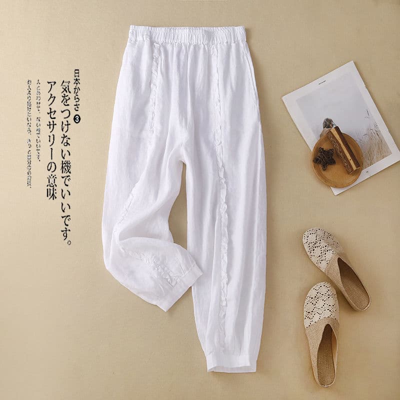 2023 New Women's Foreign Trade Fungus Trimmed Cotton and Linen Casual Pants Summer Elastic Waist Slimming Nine-Point Harem Pants