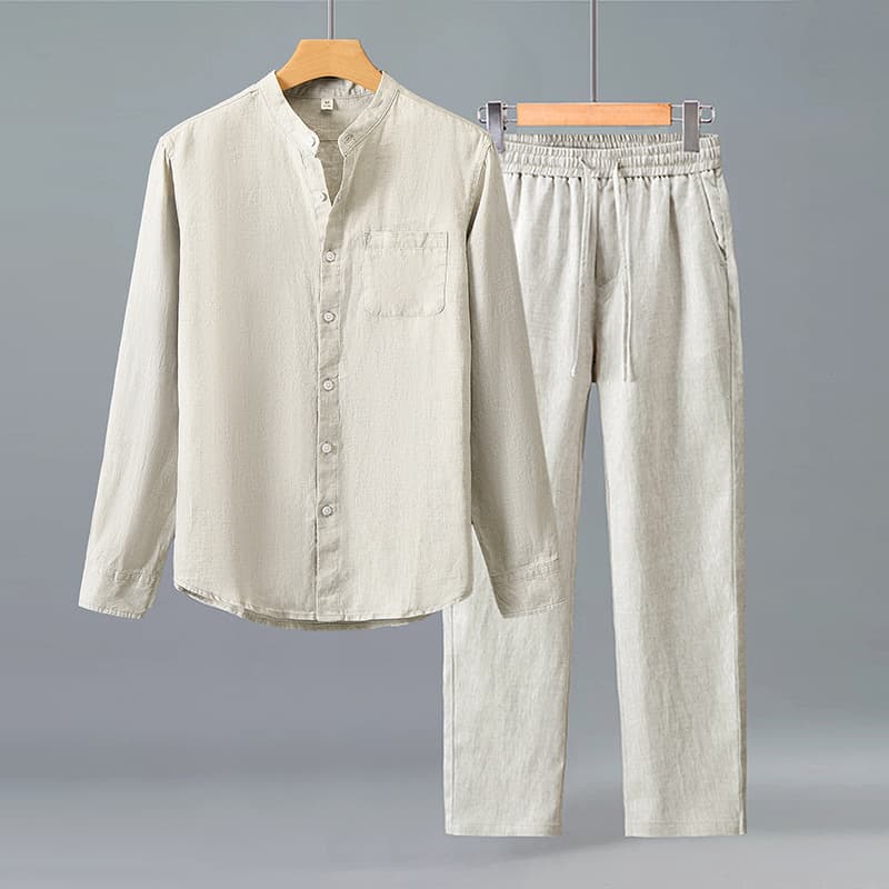Spring/Autumn Linen Long-Sleeve Shirt for Men Chinese Style Casual Pure Linen Pocket Shirt Loose-Fit Linen Pants Set