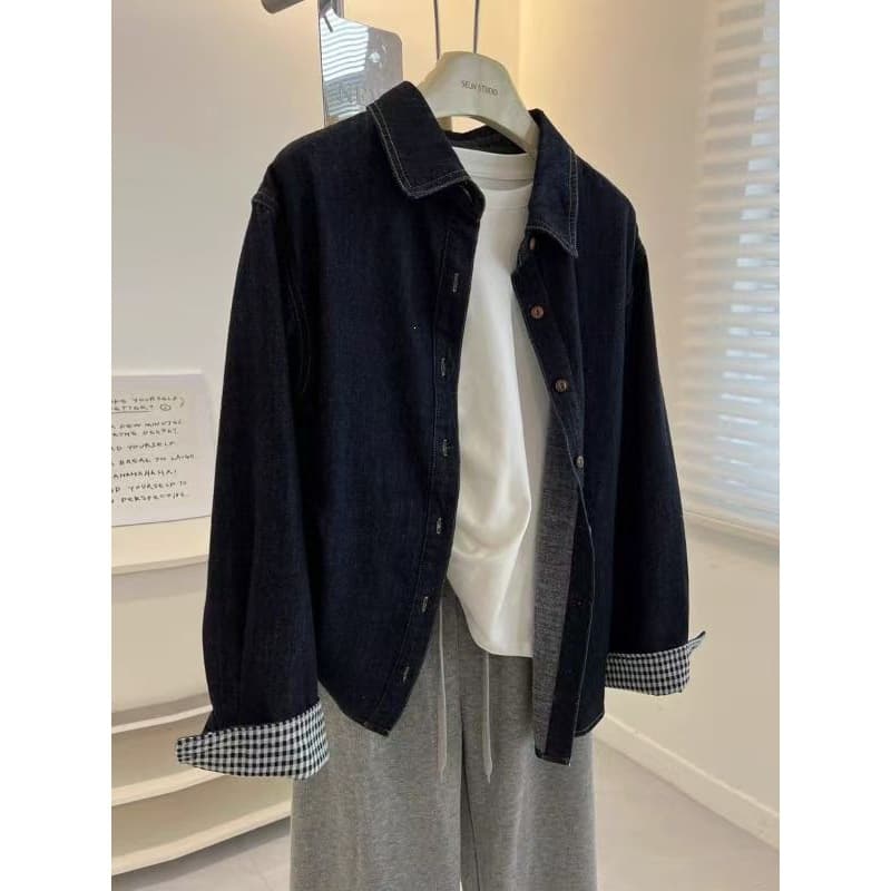This Year's Trendy Single-Piece Patchwork Plaid Denim Shirt for Women, Spring and Autumn Casual Blouse, Scarf and Bag Not Included