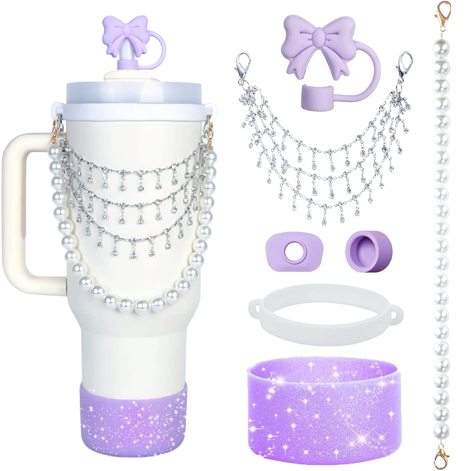 Stanley Cup Accessories Set Pearl Chain Handle Strap Begonia Straw Cap Silicone Cup Cover Pom Pom Pendant