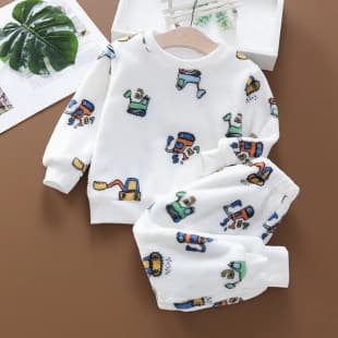 Boys and Girls Flannel Set, Kids Late Autumn Warm Pajamas, Baby Soft Flannel Two-Piece Set