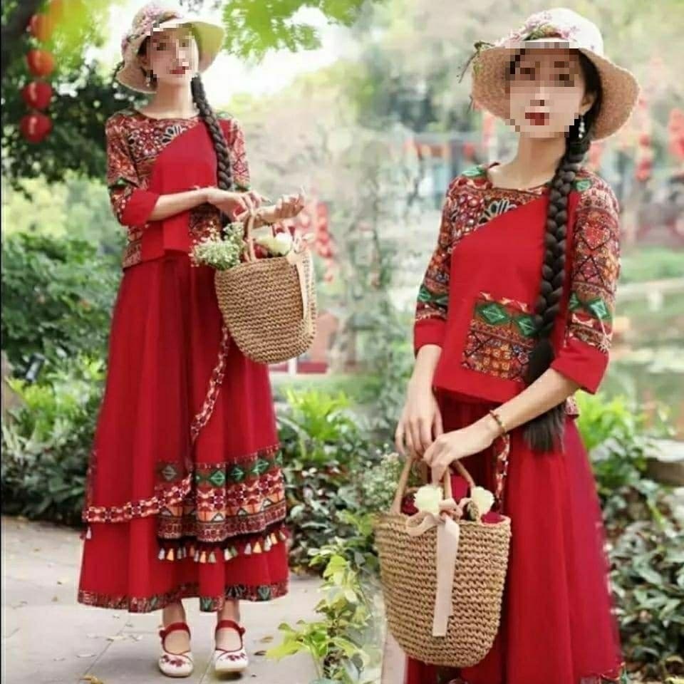 (-) Two-Piece Women's Wear Spring/Autumn New T-Shirt Top + Mesh Fringe Skirt Red Set