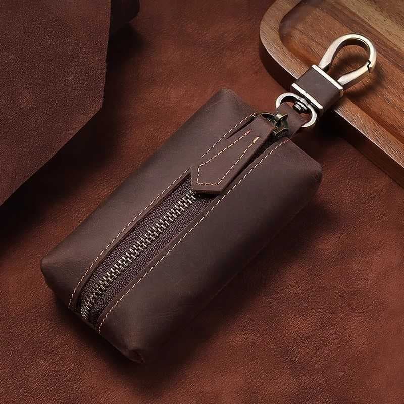 Cross-border large-capacity crazy horse leather key bag retro first-layer cowhide key holster zipper hanging buckle genuine leather key bag
