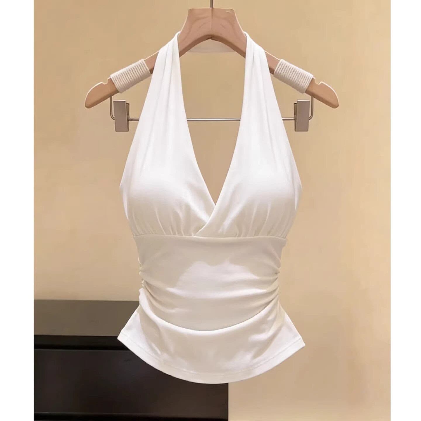 Pure and Seductive Halter V-Neck Backless Camisole Top for Women Summer Outerwear or Inner Layering with Padded Cups Slim Fit Sexy Blouse
