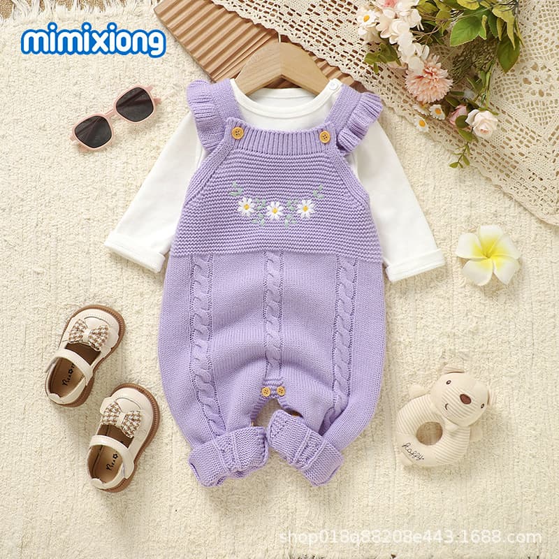 Baby Girl Spring Autumn Casual Knit Dungaree Pink Daisy Embroidered Lace Strap Suspender Bodysuit Romper