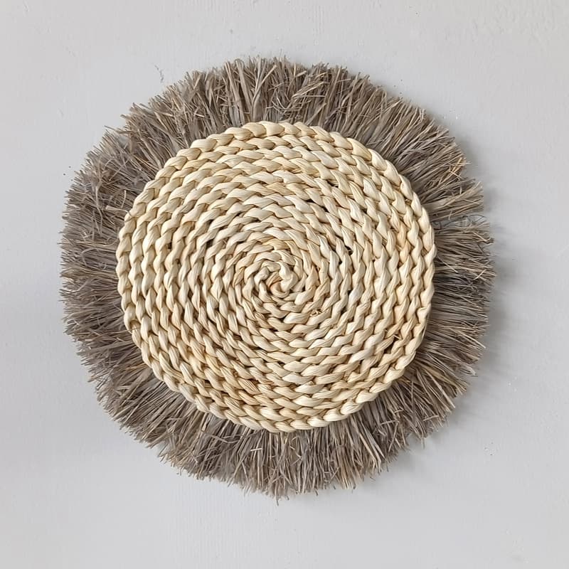 Boho Woven Straw Wall Decor, Round Hanging Ornament for Bedroom, Dining Room, Wall Decoration