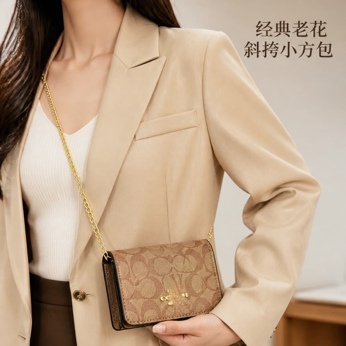 Women's Classic Monogram Crossbody Small Square Bag, Light Luxury Mini Shoulder Bag, Versatile Chain Bag with Premium Feel