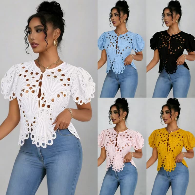 European and American Export Summer Women's Hollow Lace Blouse, Short Sleeve Shirt for Women, Sexy Summer Cardigan Top Shirt