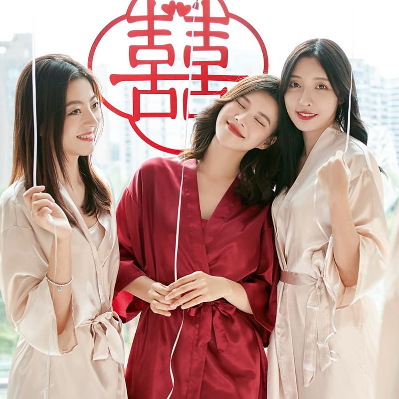 Yunshu Garment Factory Bride Morning Robe Spring Summer Autumn Loose Pajamas Silk-like Satin Robe Bathrobe Wedding Embroidered Text Bridesmaid
