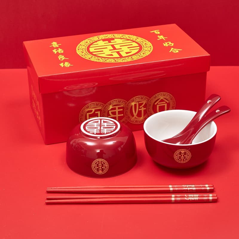 Wedding Ceremonial Tea Set with Auspicious Ceramic Gifts, High-End Gift Box Packaging for Marriage Tea Cups and Joyous Bowl & Chopsticks Set