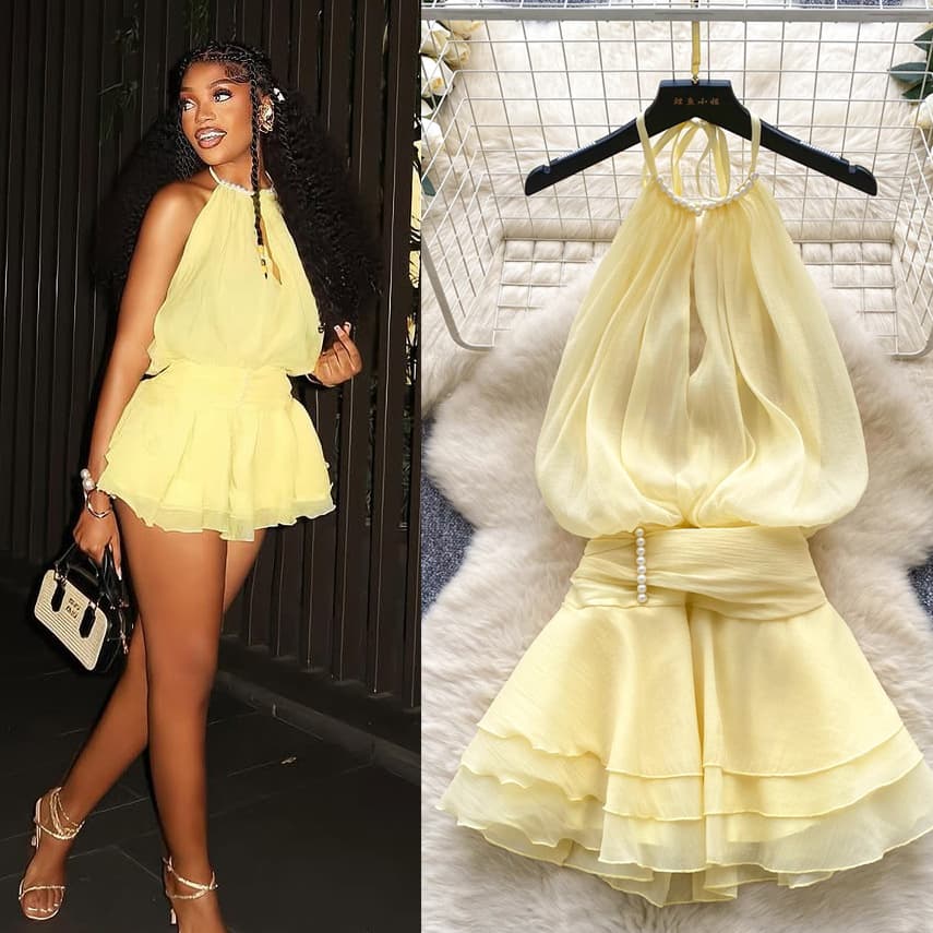 Pure Desire Halter Beaded Suspender Dress Goddess Style Waist-Cinching Ruffled Chiffon Skirt Fairy Vacation Dress