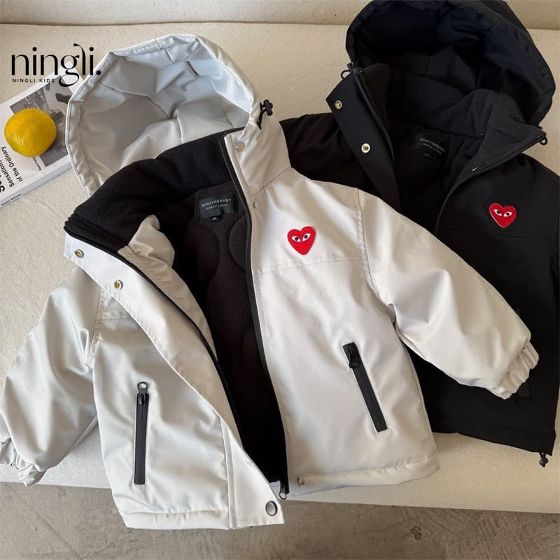 Ningli Children's Jacket Winter Unisex Kids Love-themed Trendy Hooded Windbreaker, Baby Fleece-Lined Thickened Trench Cotton Coat