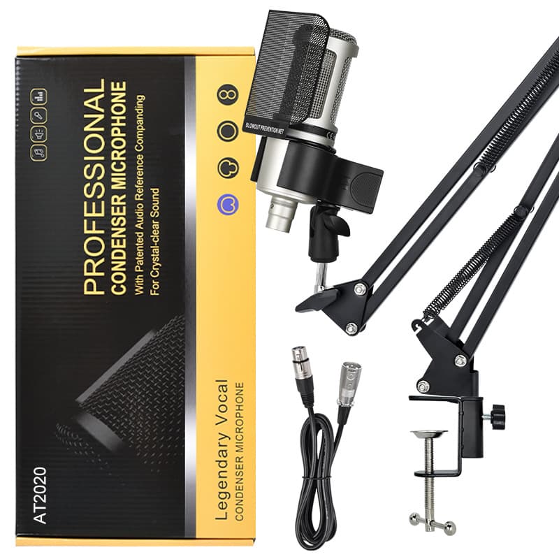AT2020 Microphone Boom Arm Kit XLR Microphone 48V Audio Interface Sound Card Mixer