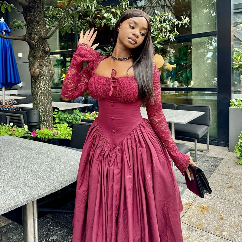 European and American Women's Fashion 2024 Summer New Elegant Square Neck Lace Long Sleeve Waist-Cinching Solid Color Midi Dress