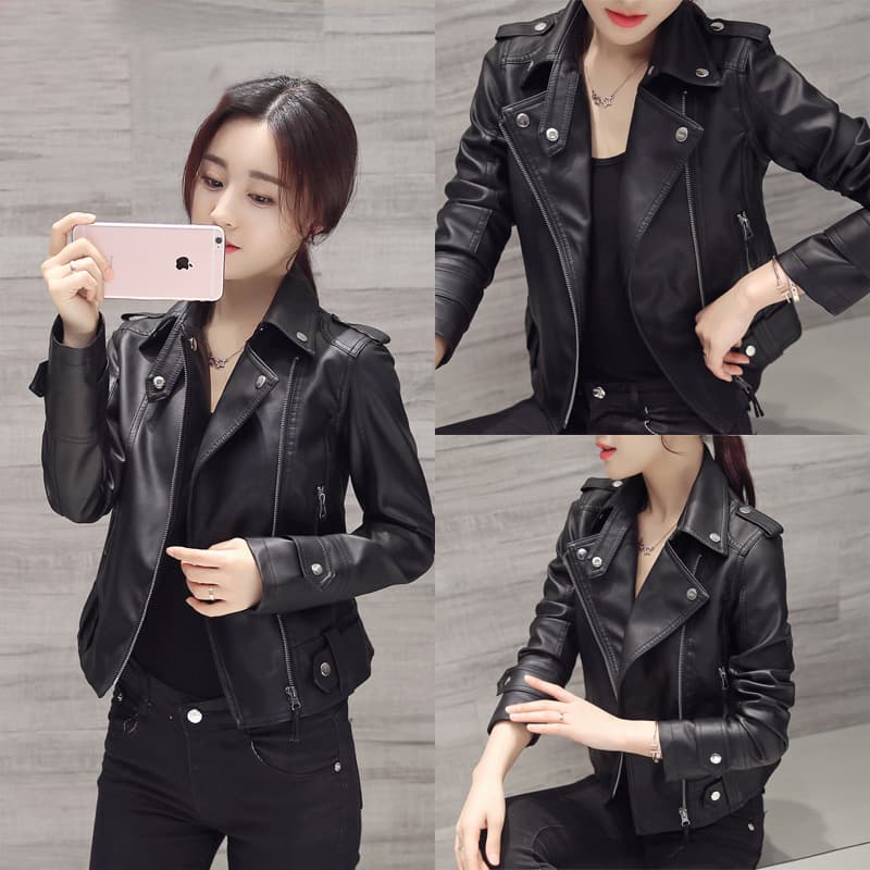 2026 Spring/Autumn New Slim Fit Notched Collar PU Leather Jacket Short Coat Women's Motorcycle Style Korean Fashion
