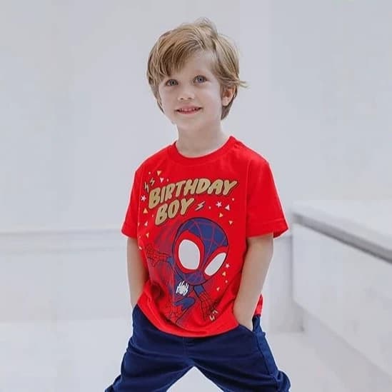 Birthday Boy Spider-Man Print Kids Red Short Sleeve T-Shirt for Toddlers and Young Children, Birthday Theme Casual Versatile Tee