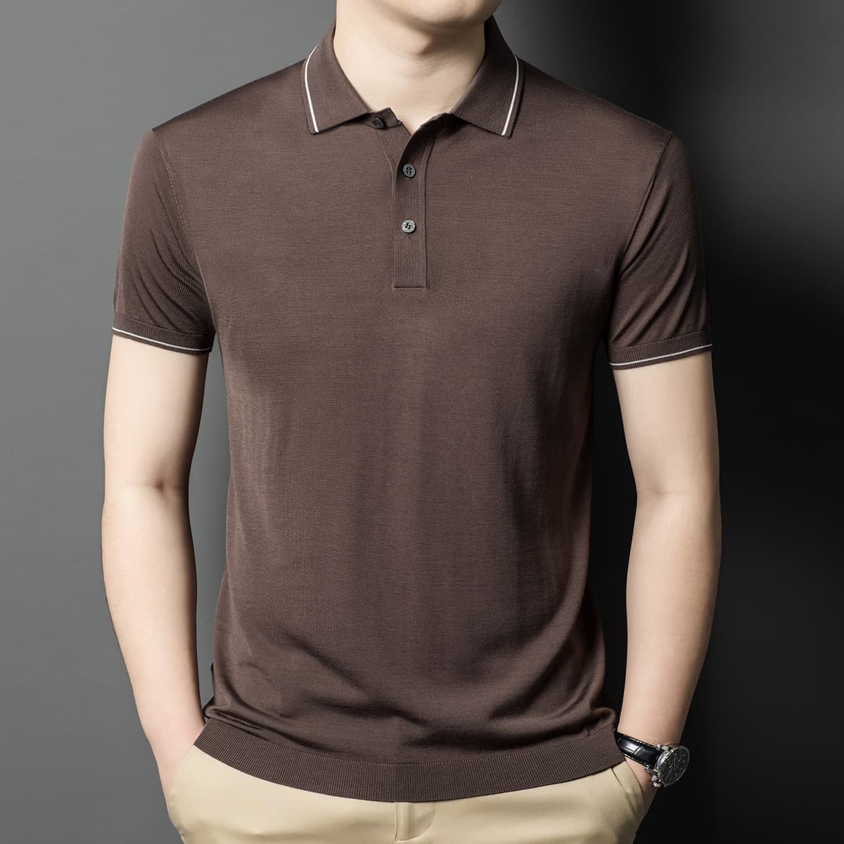 Mulberry Silk Men's Long-Sleeve Knit T-Shirt, Spring/Summer New Arrival, Fashionable Casual Turn-Down Collar Thin Ice Silk Sweater for Middle-Aged Men