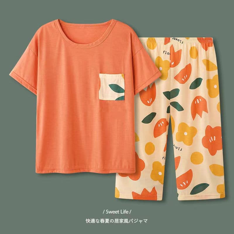 Women's Summer Short-Sleeved Cropped Pants Pullover Round Neck Printed Girls' Spring and Autumn Wide Homewear Set