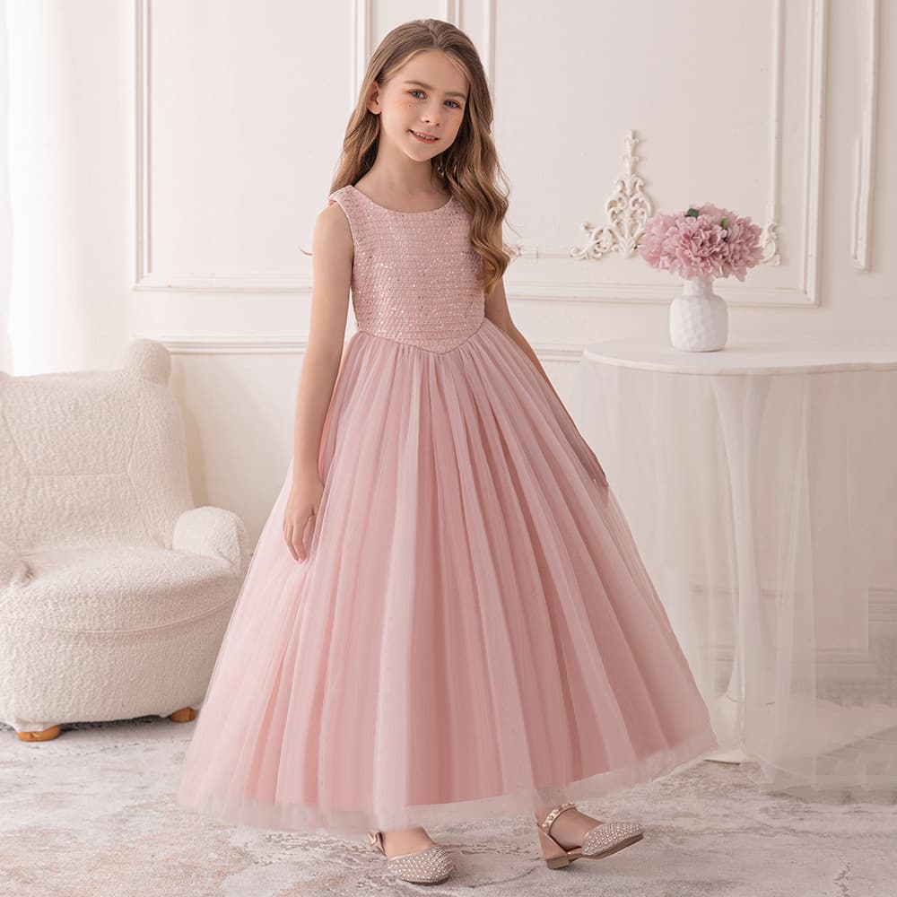 Girls Princess Dress Pink Gown Wedding Flower Girl Dress Sequins Long Children's Formal Dress Birthday Party Tulle Skirt