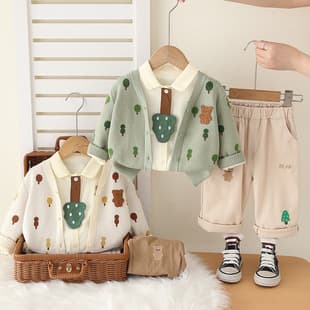 Boys Spring and Fall Fashionable 2025 New Style Toddler Casual Autumn Outfit Baby Tie Cardigan Three-Piece Set Wholesale