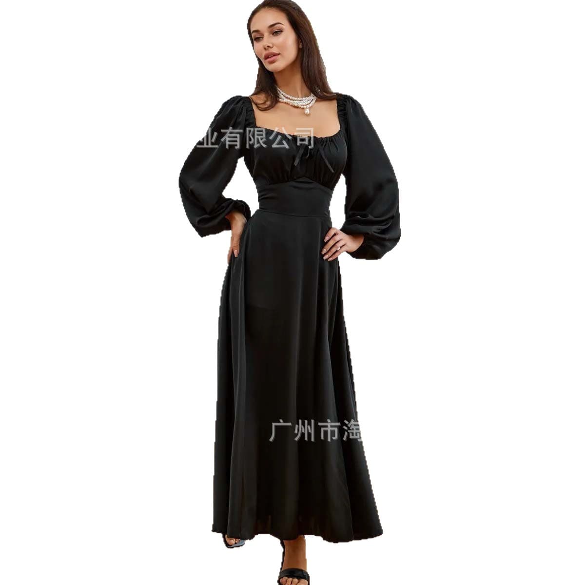 Fashionable design, versatile pleated lace-up high-waisted slim puff-sleeved mid-length slit dress for women in early autumn