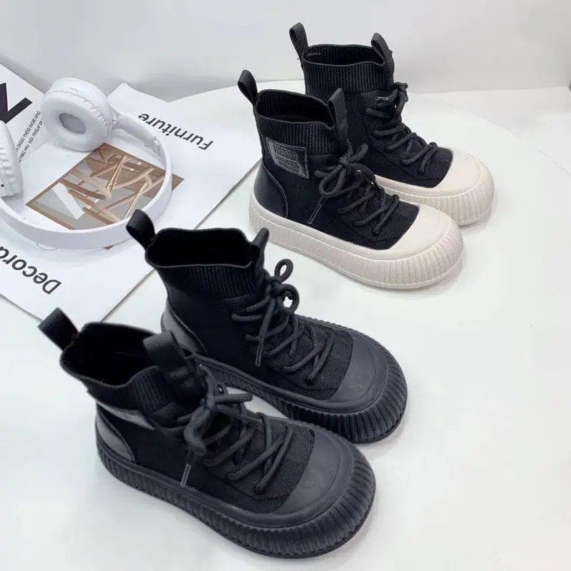 2025 Spring New Style Boys' Knitted Shoes Girls' British Fly Knit Boots Children's Fashion Martin Boots Ankle Boots Mesh Shoes