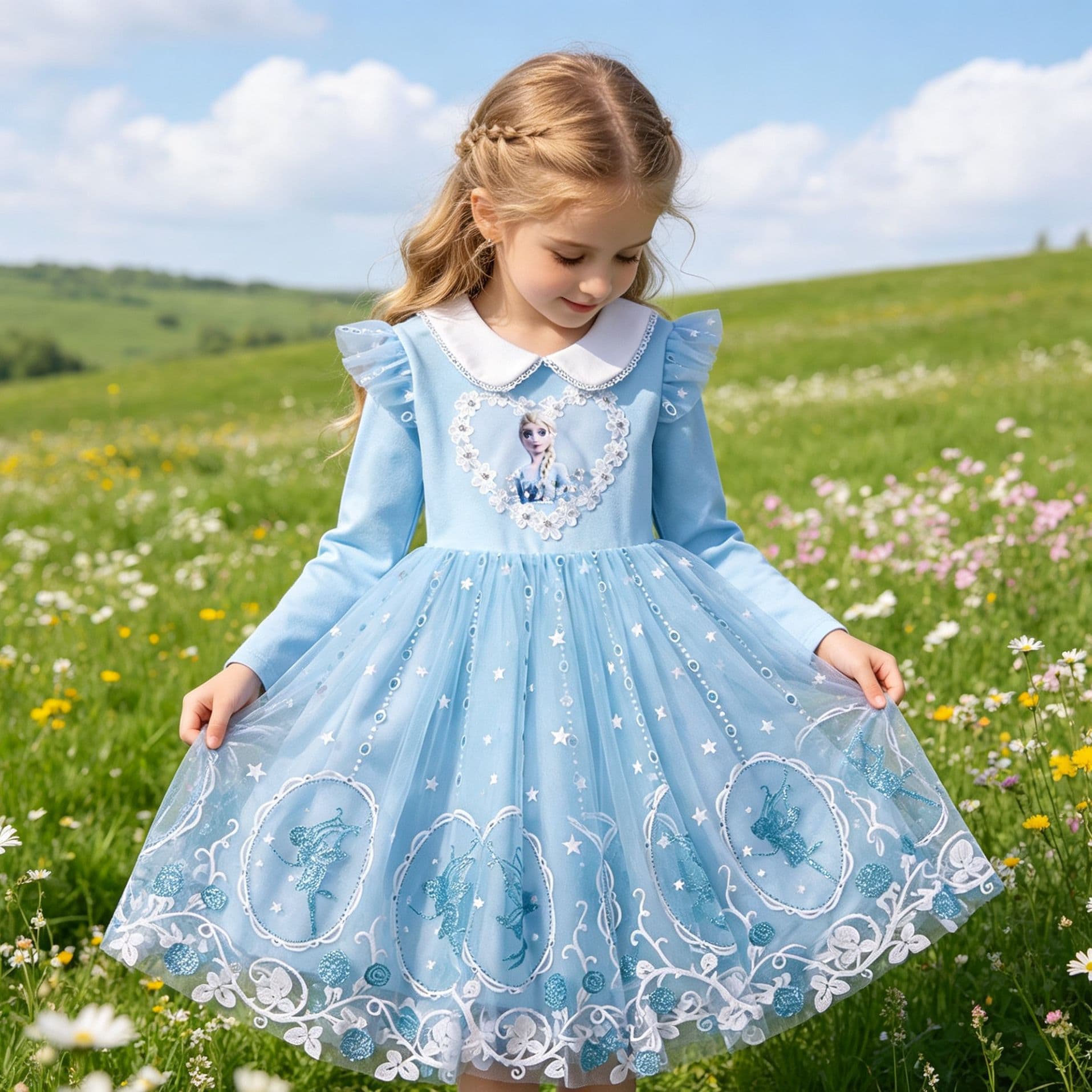 Elsa Princess Dress Frozen Lace Collar Dress Girls Wholesale Sequined Tulle Dress Drop Shipping