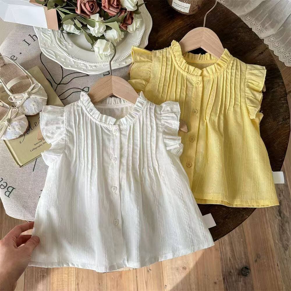 Cross-Border Summer Shirt for Little Girls, Korean-Style Solid Color Breathable Baby Doll Sleeve Blouse, Stylish and Versatile Top