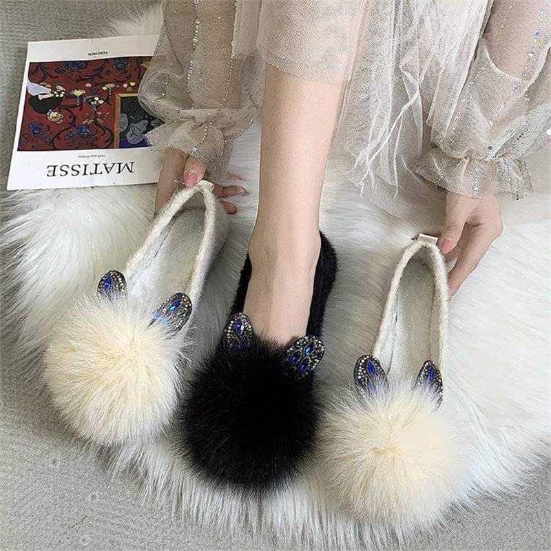 Women's fuzzy flat shoes, fleece-lined, new autumn and winter style, round toe, soft sole, warm cotton shoes, non-slip women's shoes