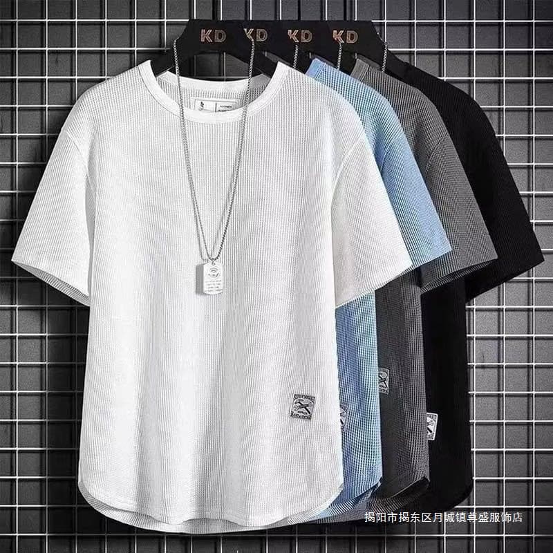 Waffle Short Sleeve T-Shirt Men 2024 Summer New Trendy Streetwear Wholesale Half Sleeve Top Men's Tee