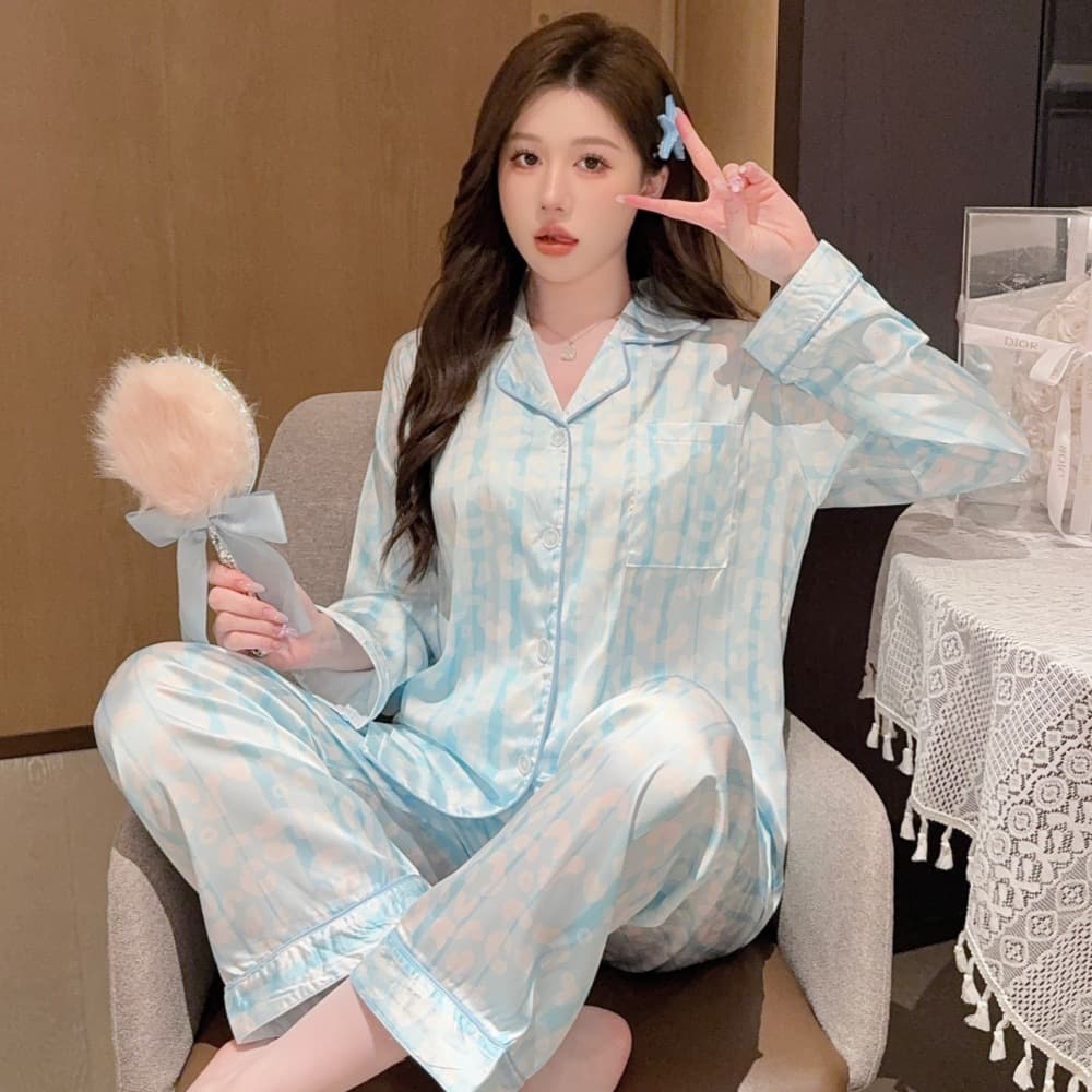 Thin Autumn Women's Pajamas Ice Silk Lapel Cardigan Long Sleeve Long Pants High-End Ins Style Women's Summer Homewear