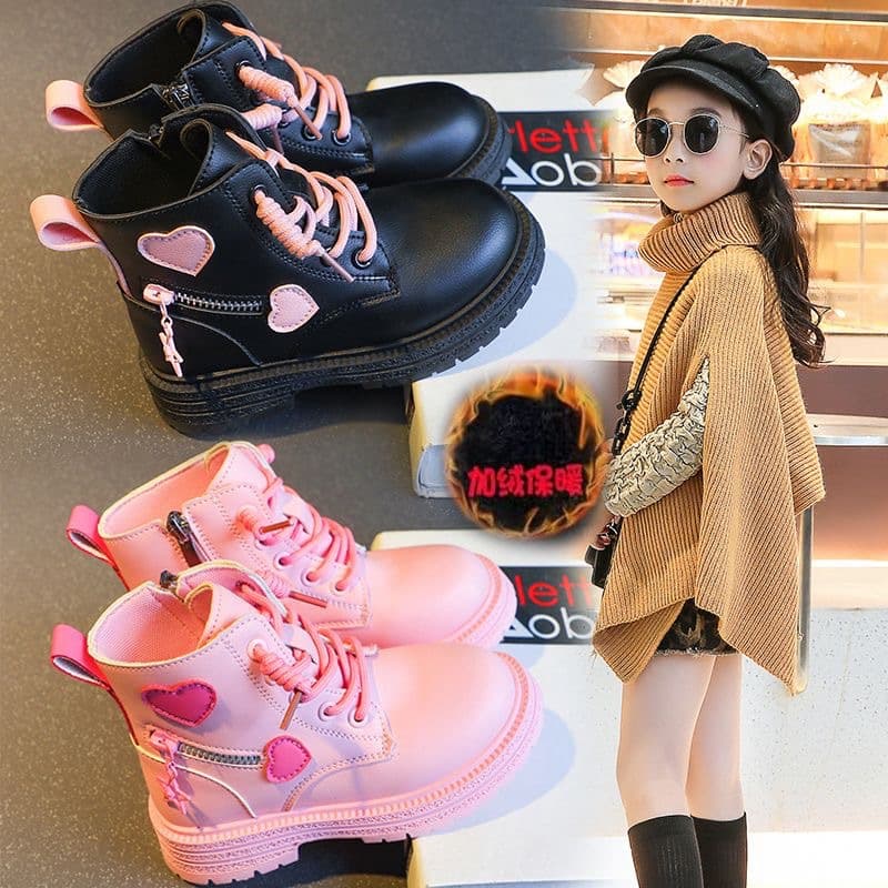 Girls Leather Martin Boots 2024 Spring New Children Short Boots Soft Sole Black Fleece Lined Leather Boots